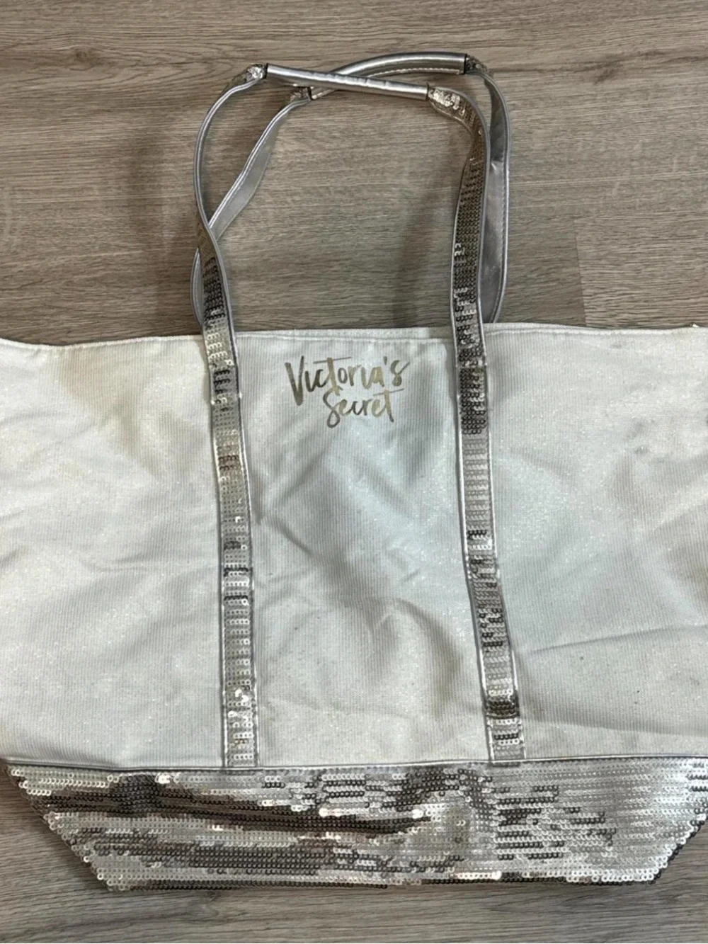 Victoria's Secret White Tote with Silver Sequin Accents